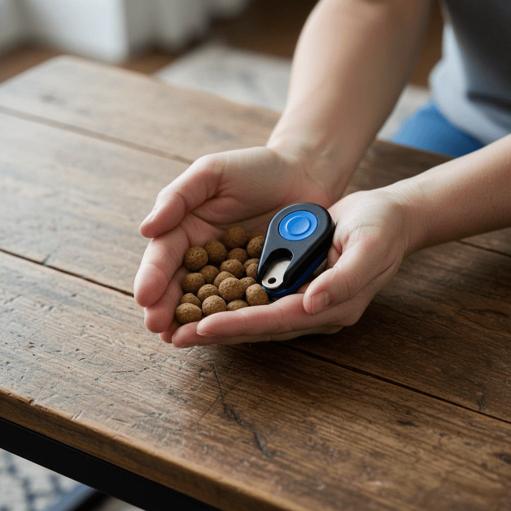 Close up of training treats and a clicker resting on a wooden coffee table
