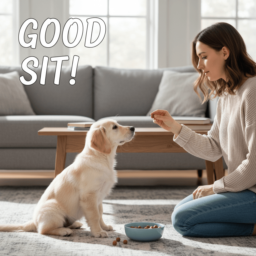 A golden retriever puppy sitting in front of its owner on a rug, getting a treat