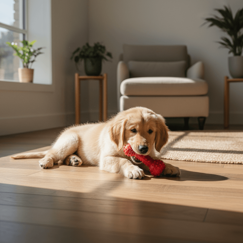 A small puppy playing with a rope toy on a lounge room floor with warm natural light