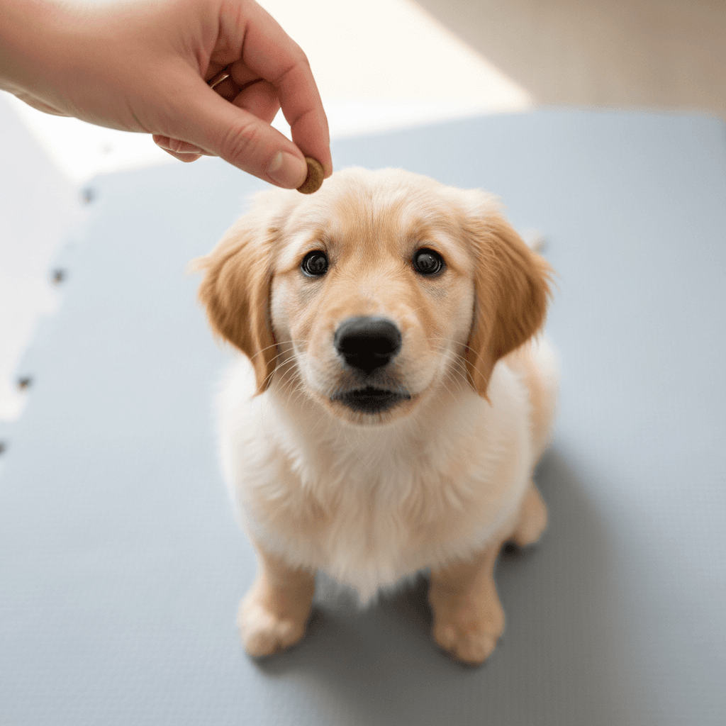 Small puppy sitting attentively on gray mat while trainer offers treat during foundational training